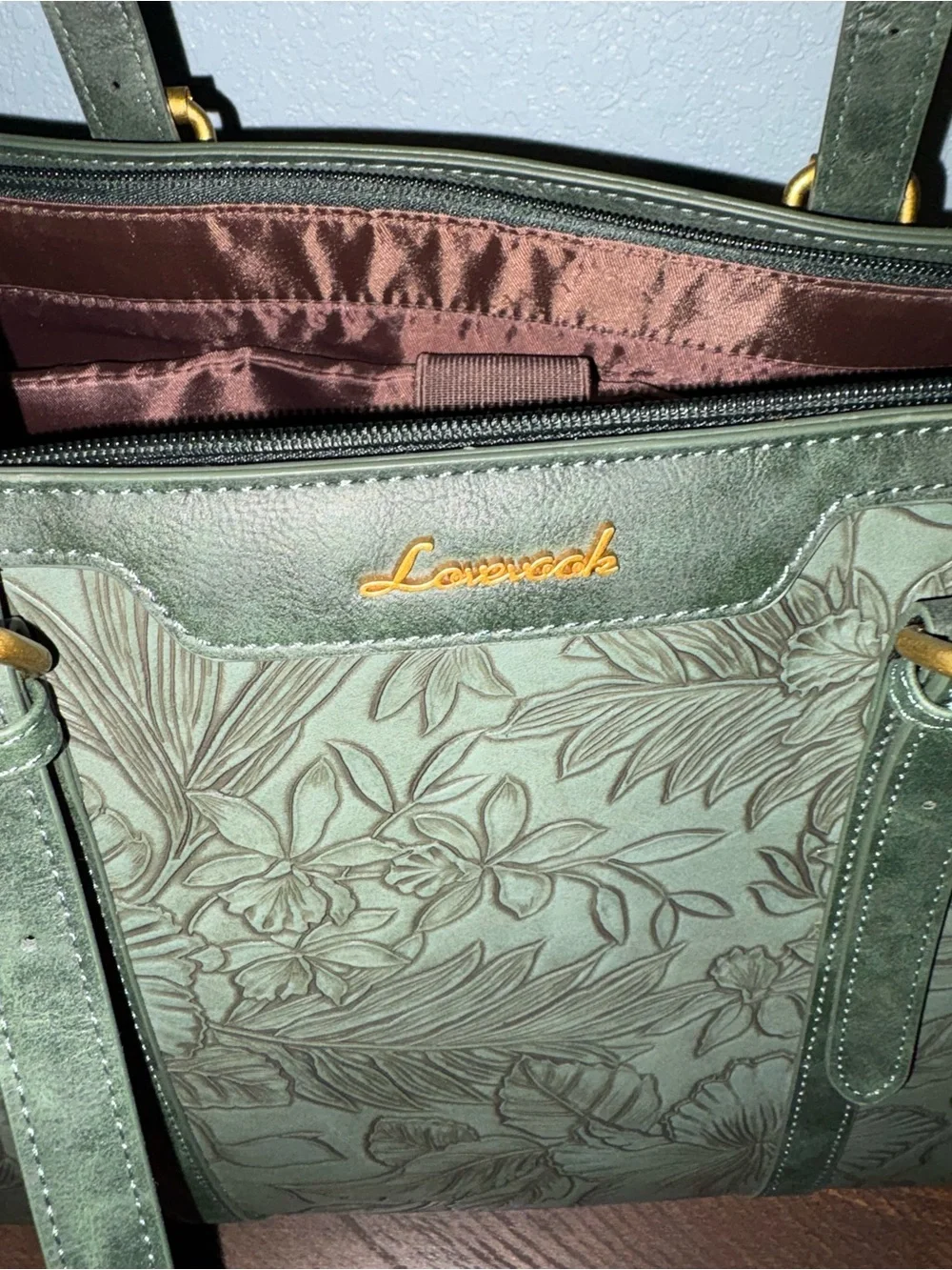 Love nook Olive Green Floral-Embossed Tote Bag